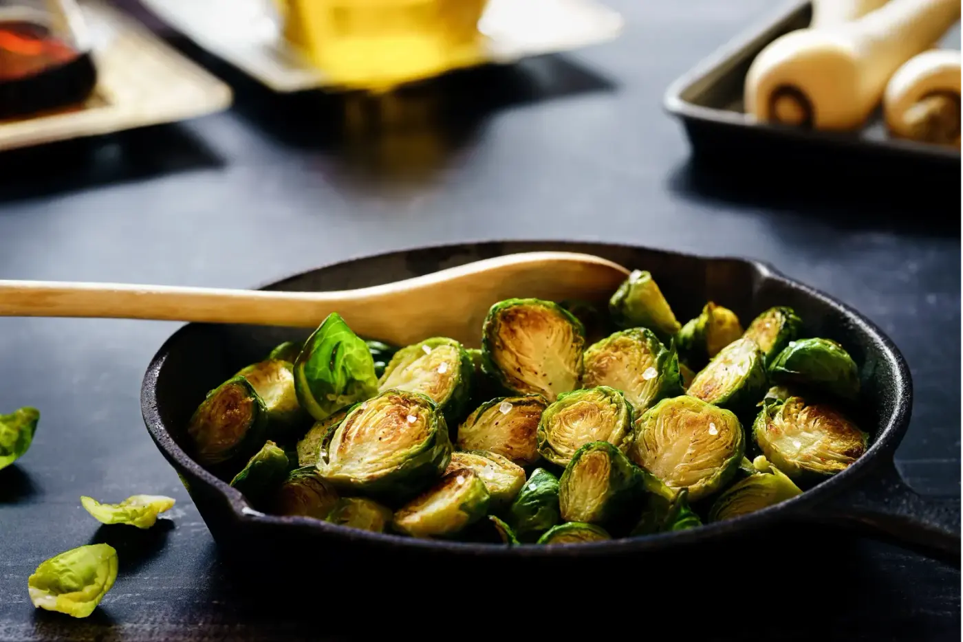 Roasted Brussels sprouts in a cast-iron pan