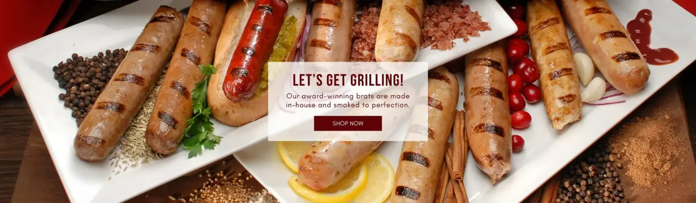 Grilled bratwurst and sausages on a platter