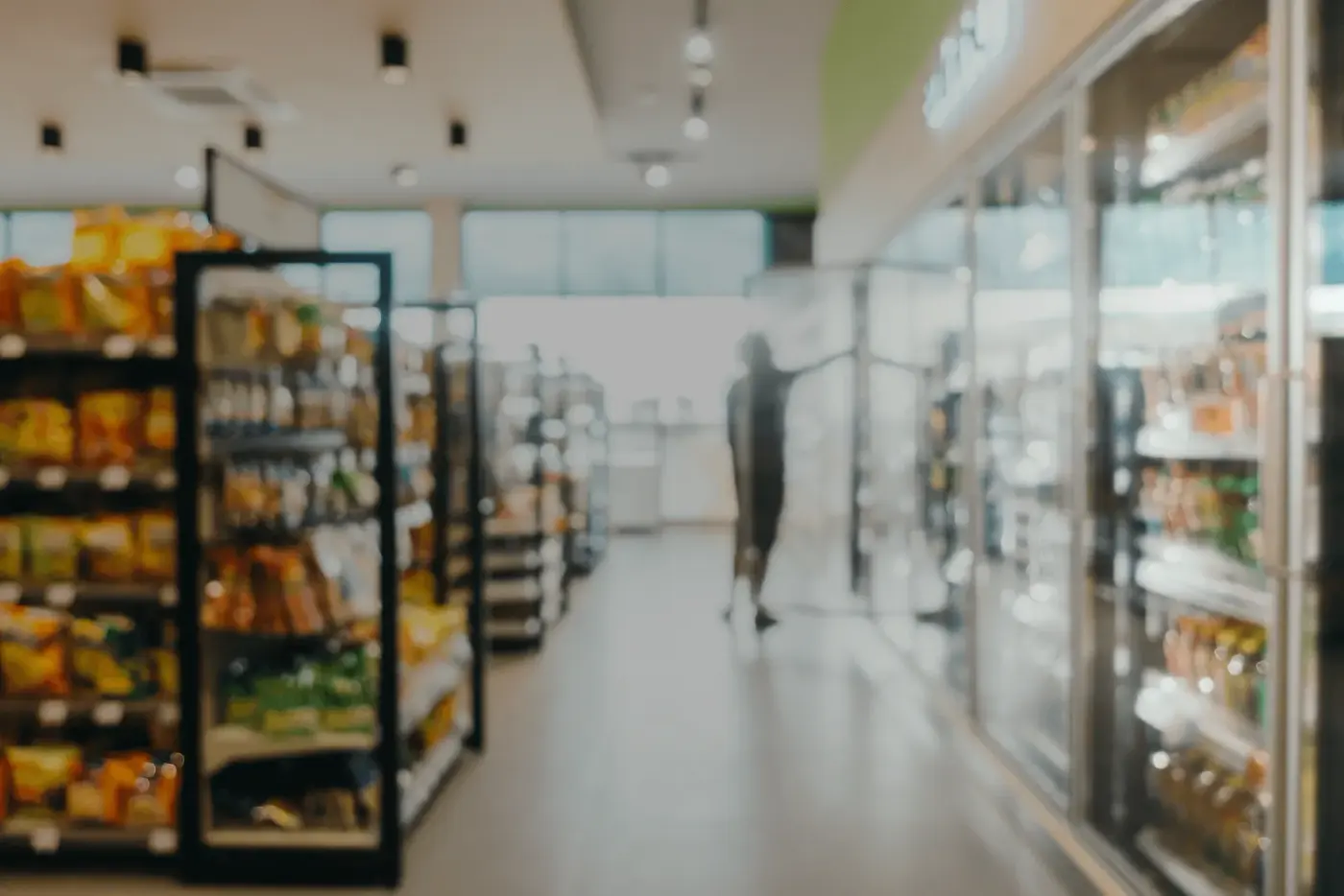 Grocery aisles and refrigerated cases in a store